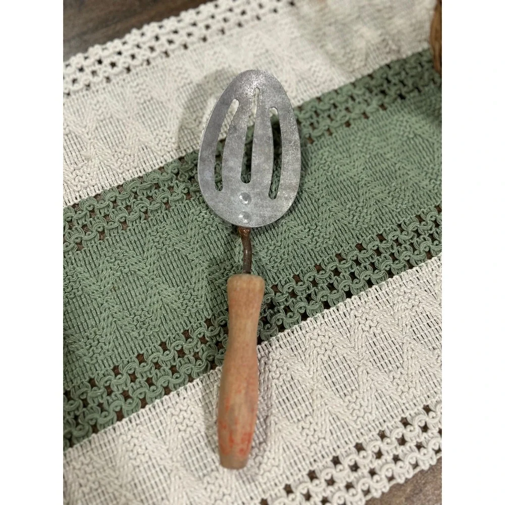 Vintage Slotted Spoon Utensil | Wood Handle Primitive Farmhouse Decor